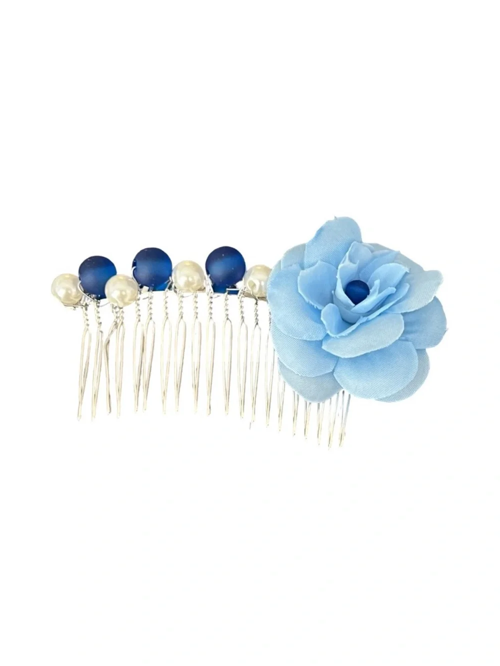 Elegant Blue Floral White Beaded Hair Comb 3.0”FINAL PRICE DROP
